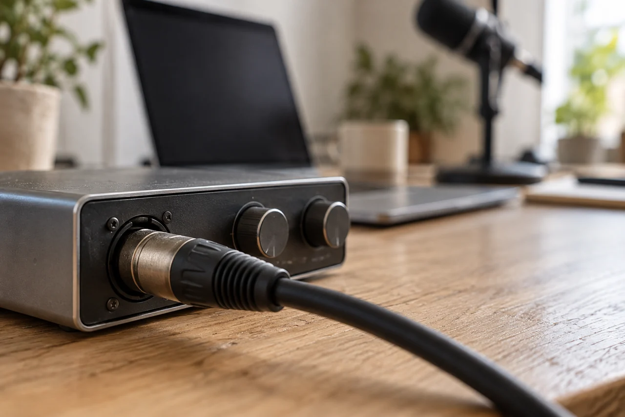 Cabo XLR conectado a uma interface de áudio sobre uma mesa de madeira.