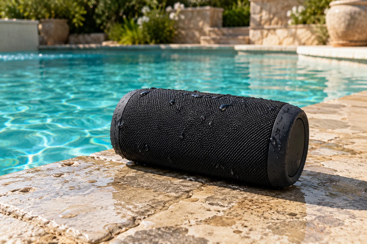 Caixa de som Bluetooth com gotas de água na beira de uma piscina.