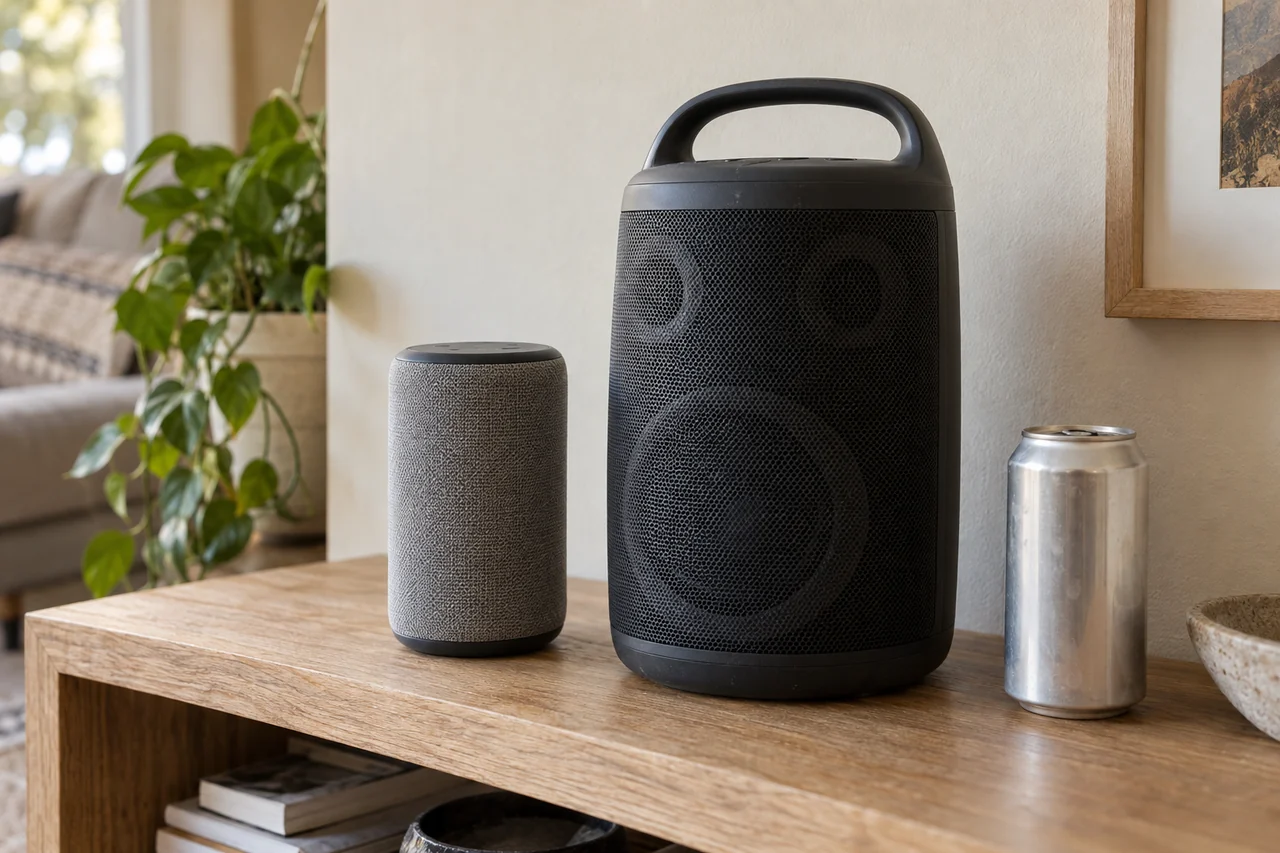 Duas caixas de som Bluetooth, uma pequena e uma grande com alça, ao lado de uma lata de refrigerante para comparar o tamanho.