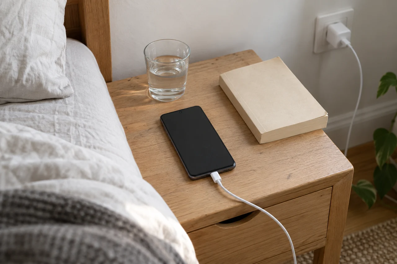 Celular com a tela apagada carregando sobre um criado-mudo de madeira, com cabo USB-C branco ligado a um carregador na tomada, um copo de água e um livro.
