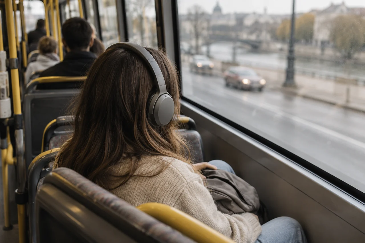 Pessoa de costas usando um fone over-ear cinza ao lado da janela de um ônibus.