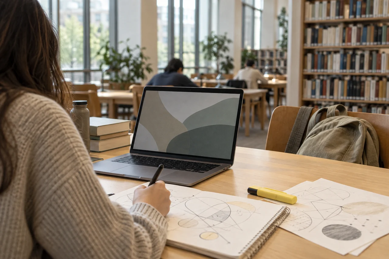 Mesa de biblioteca com notebook aberto, anotações à mão, marca-texto e mochila.