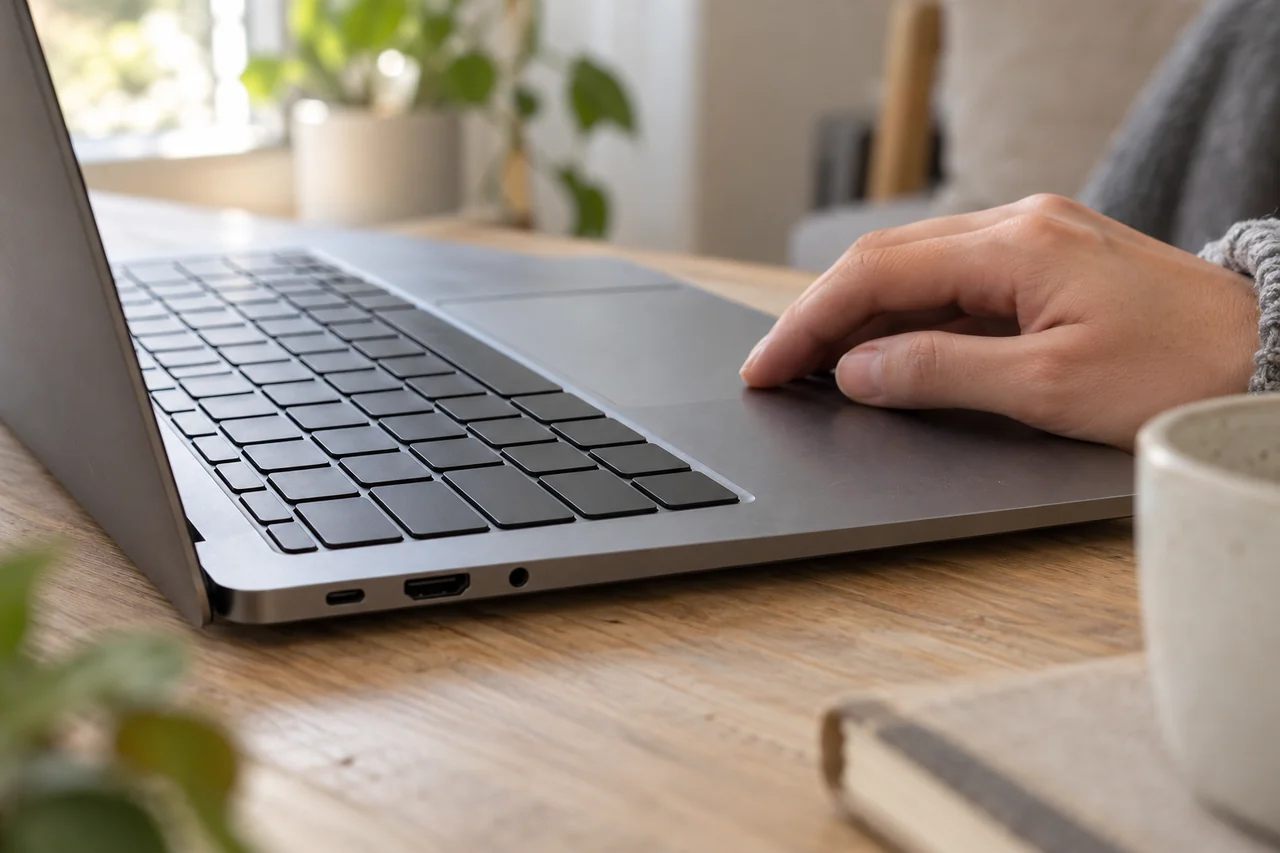 Detalhe do teclado e das portas laterais de um notebook, com uma mão sobre o touchpad.