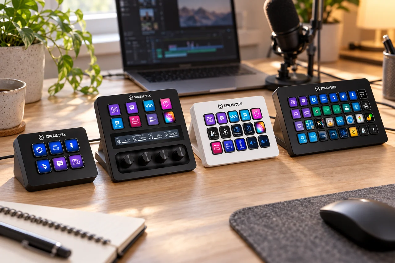 Mesa de edição com quatro Stream Deck lado a lado: o Mini de 6 teclas, o de 8 teclas com quatro dials, o MK.2 branco de 15 teclas e o XL de 32 teclas.