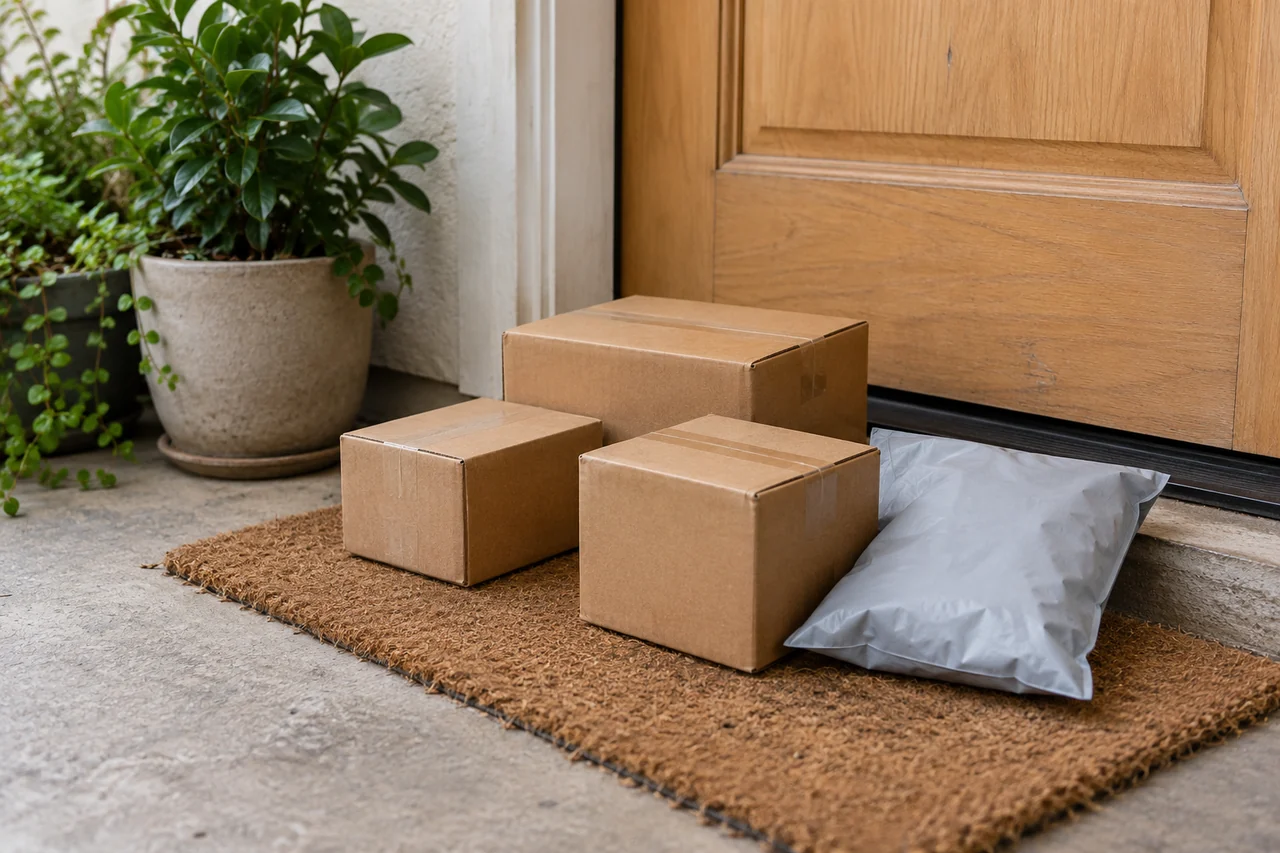 Três caixas de papelão e um envelope plástico cinza no tapete da porta de um apartamento.
