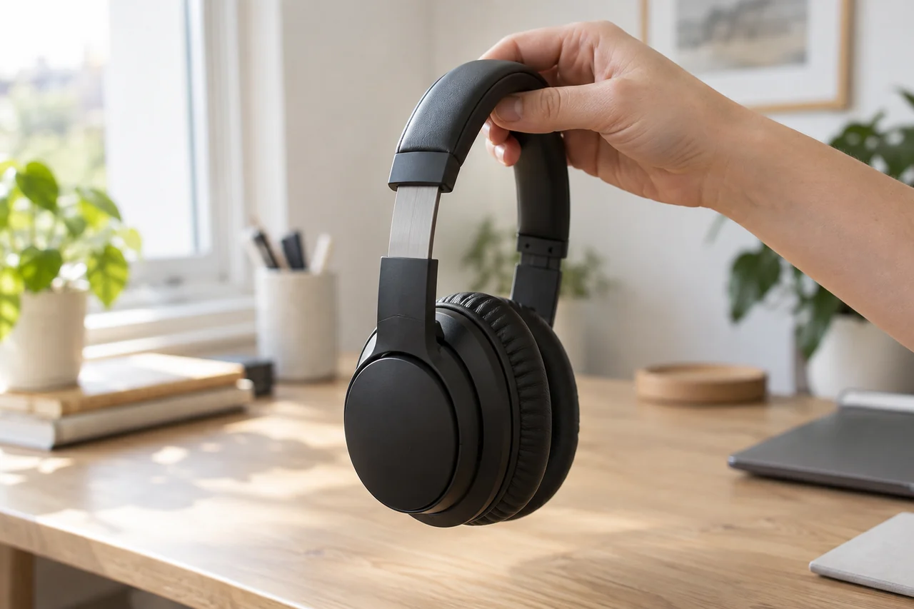 Mão segurando um headset preto pelo arco, com a almofada da concha e a haste de ajuste à mostra.