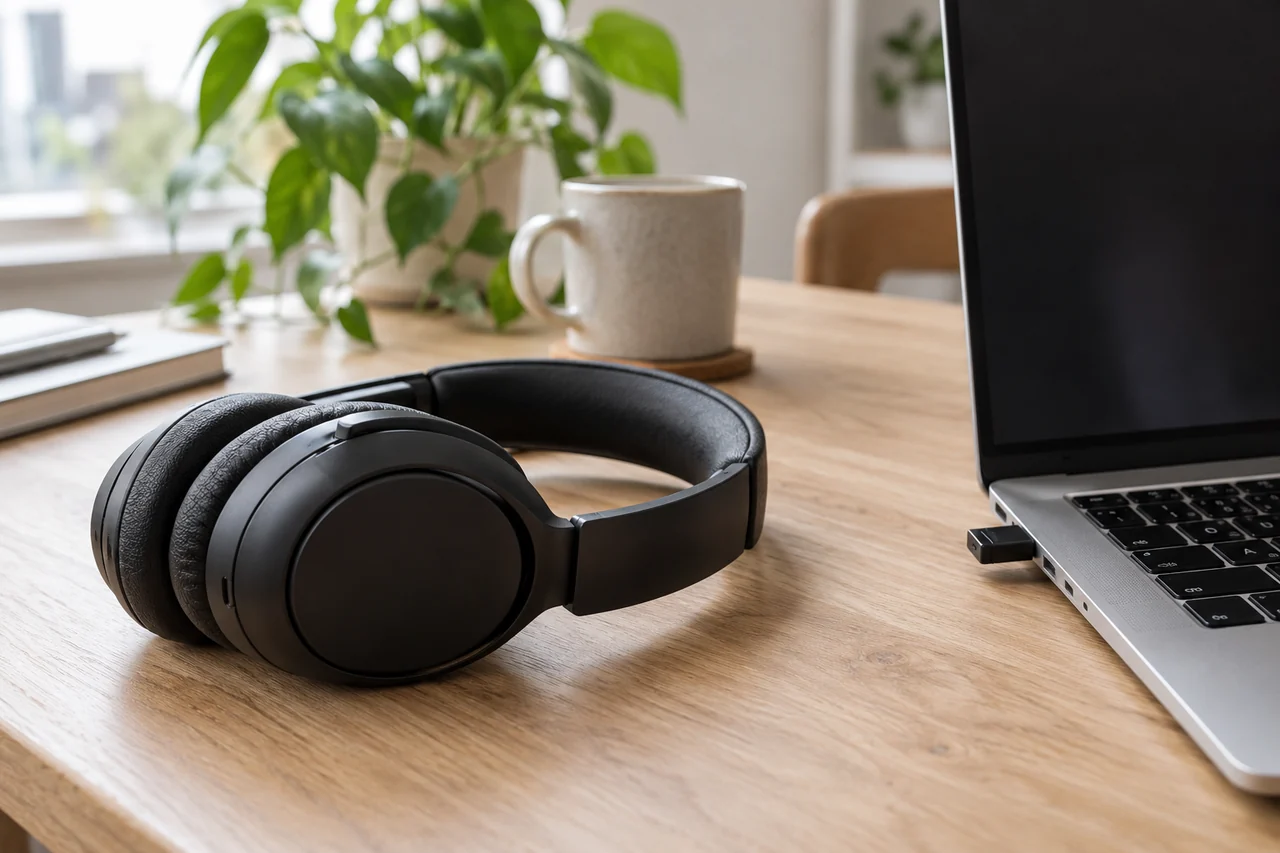 Headset preto sem fio sobre a mesa, ao lado de um notebook com um receptor USB pequeno encaixado na lateral.