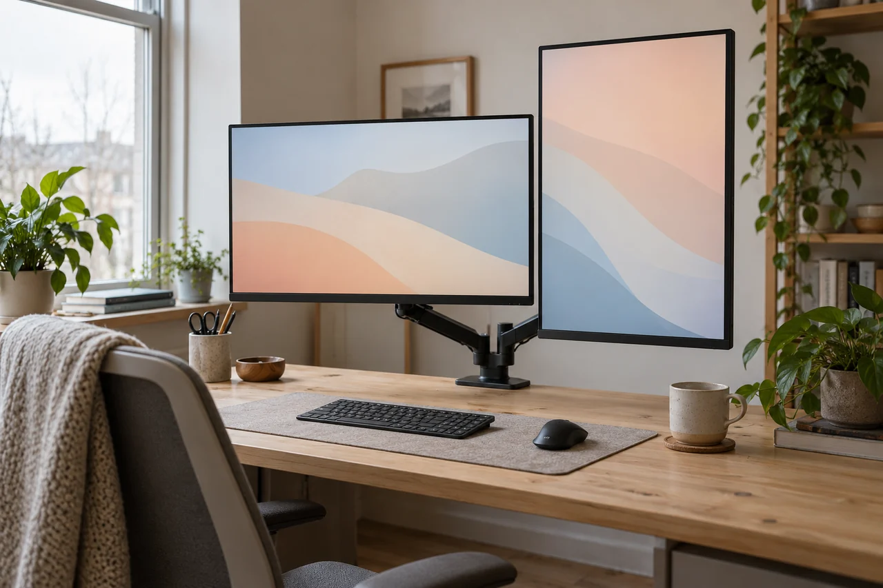 Dois monitores presos a um suporte articulado sobre uma mesa de madeira, um na horizontal e outro na vertical, com teclado e mouse à frente.
