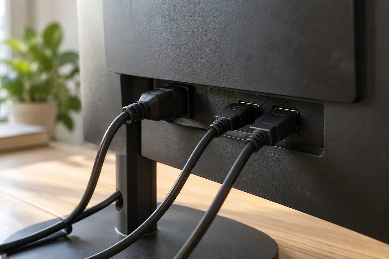 Parte traseira de um monitor, com o cabo de energia e dois cabos de vídeo ligados às entradas.
