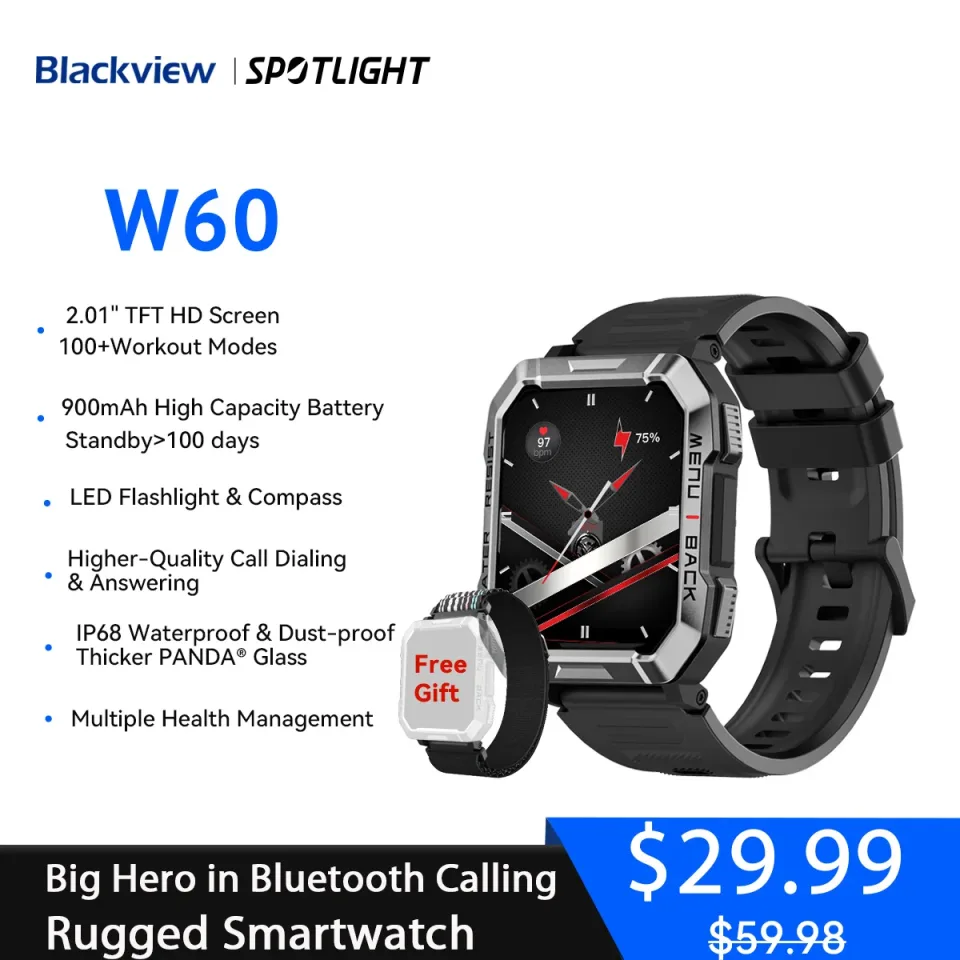 Blackview Smart Watch com Iluminação de Emergência, Chamada Bluetooth, Display HD, TFT, Robusto, Ao Ar Livre, Novo, 2.01 ", W60, 2024
