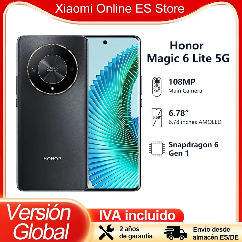 HONOR-Smartphone Magic 6 Lite 5G, Versão Global, Tela Super Clara 1.5K, Câmera 108MP, Snapdragon 6, Gen 1, Bateria 5300mAh, 6,78"