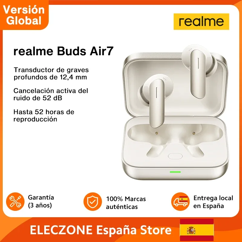 Versão global realme Buds Air 7 52dB Cancelamento de ruído ativo inteligente 12,4 mm Driver de graves profundos Bluetooth5.4 Efeito de áudio espacial de 360° Auricular IP55