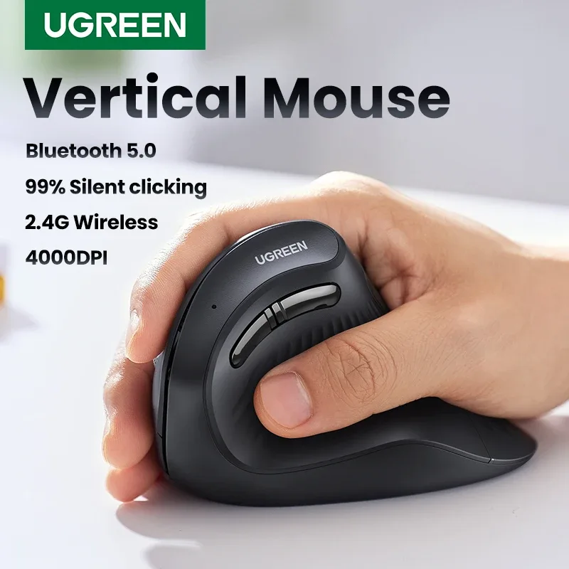 UGREEN-Mouse Vertical Sem Fio, Bluetooth 5.0, 2.4G, Ergonômico 4000DPI, 6 Botões Mudo para MacBook, Tablet, Laptops, Computador, PC