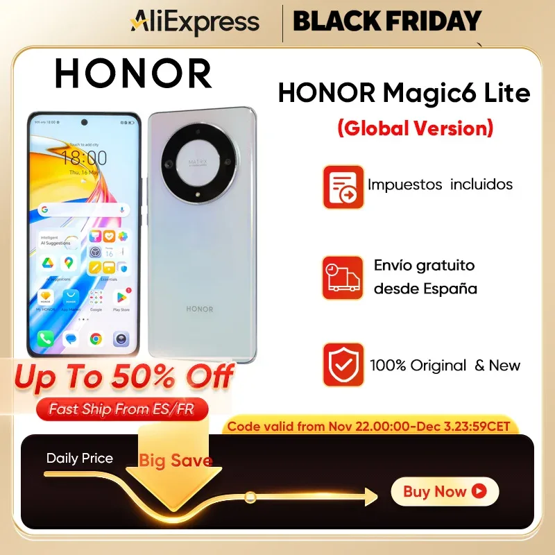 Honor-Magic6 Lite Versão Global 5G NFC Qualcomm Snapdragon 6 Gen 1, Câmera Principal 108MP, Carregamento 35W, 120Hz, X9b