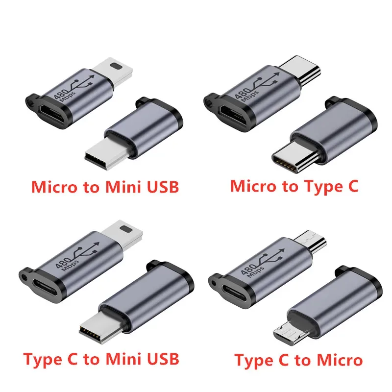Tipo C fêmea para Micro USB, Mini USB fêmea para Tipo C conector fêmea adaptador