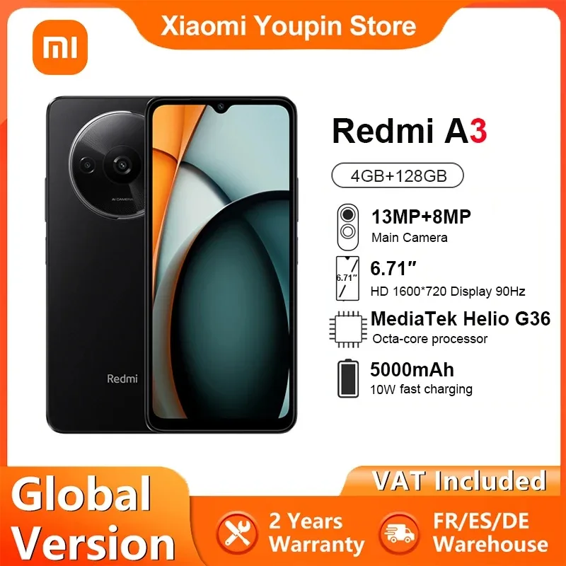 Xiaomi-Smartphone Redmi A3 Versão Global, Mediatek Helio, Ecrã HD G36, 6.71 ", Câmara Dupla, Bateria 5000mAh, Carregamento Rápido 10W