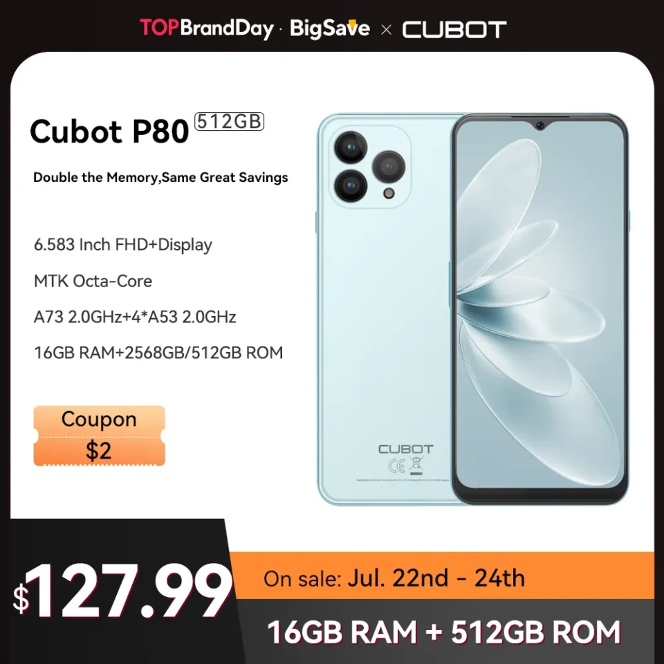 Smartphone Cubot P80 Versão Global, Android 13, 16GB RAM, 8GB, 8GB, 8GB RAM, 6.583 "FHD + Ecrã, Câmera 48MP, 5200mAh