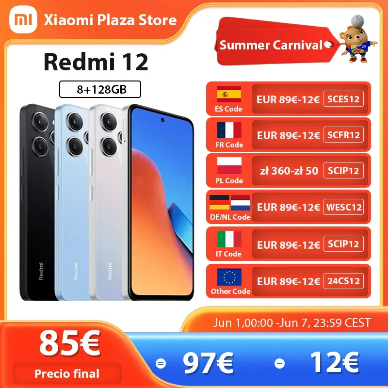 Xiaomi-Smartphone Redmi 12, Versão Global, Bateria Grande 5000mAh, 50MP, Câmera Tripla Al, MediaTek Helio G88, 90Hz, FHD + Display, IP53