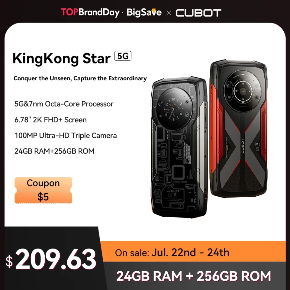 Cubot KingKong Star, Robusto Smartphone 5G, 24GB RAM(12GB+12GB Estendido), 256GB ROM, Tela 2K de 6,78", Dimensity 700 Octa-Core, Câmera de 100MP, 10600mAh, carga de 33W, NFC, 4G celular, Adicionar ao Carrinho e Coleção