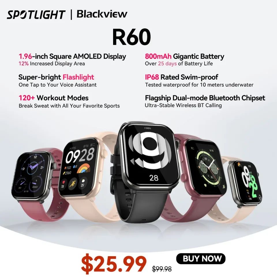 Blackview Bluetooth Smartwatch, Relógio R60, Tela AMOLED de 1,96 ", 800mAh, Chamadas Telefônicas, Rastreamento de Saúde e Fitness, Estreia Mundial