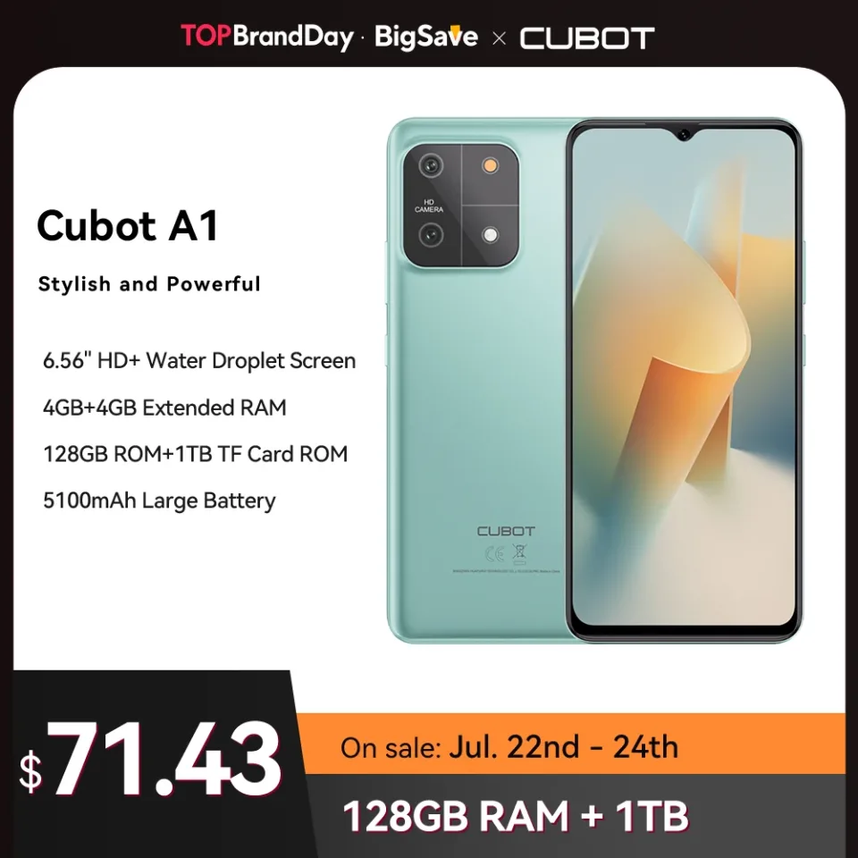 [Novo item] Cubot A1, smartphone Android 13, Octa-core, 8 GB de RAM (4 GB + 4 GB estendidos), 128 GB de ROM (cartão TF de expansão de 1 TB), tela HD + de 6,56 '', câmera de 13 MP, 5100 mAh, Face ID, 4G celular