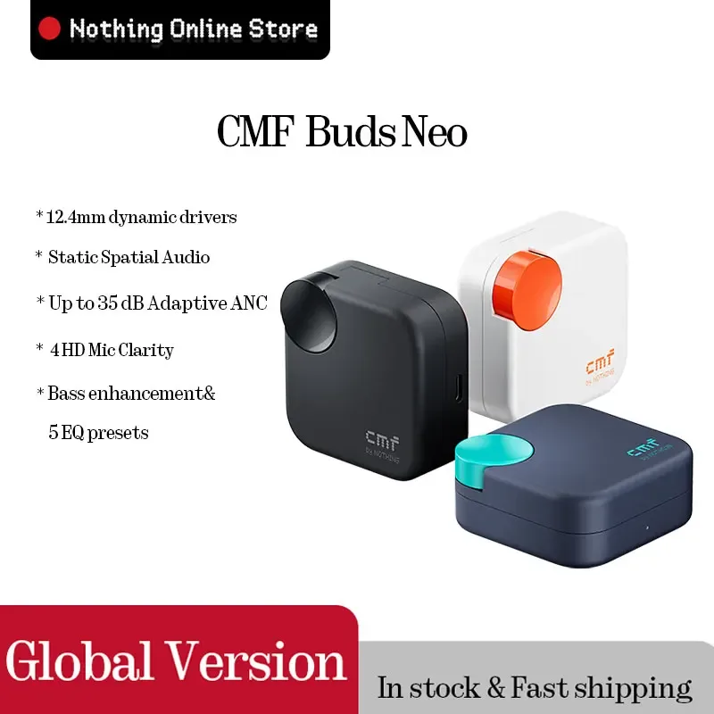 Versão Global CMF by Nothing Buds Neo com design bicolor, classificação IP54, driver revestido de titânio de 12,4 mm e áudio espacial estático.
