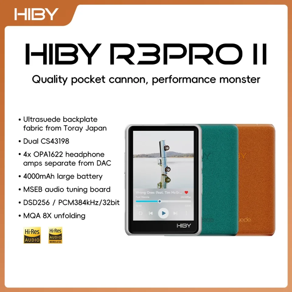 HiBy R3 Pro II / Gen 2 Reprodutor de Música HiFi MP3 USB DAC Amplificador de Fone de Ouvido CS43198*2 OPA1622*4 4000mAh 480mW Saída DSD256 MQA 8X PD2.0
