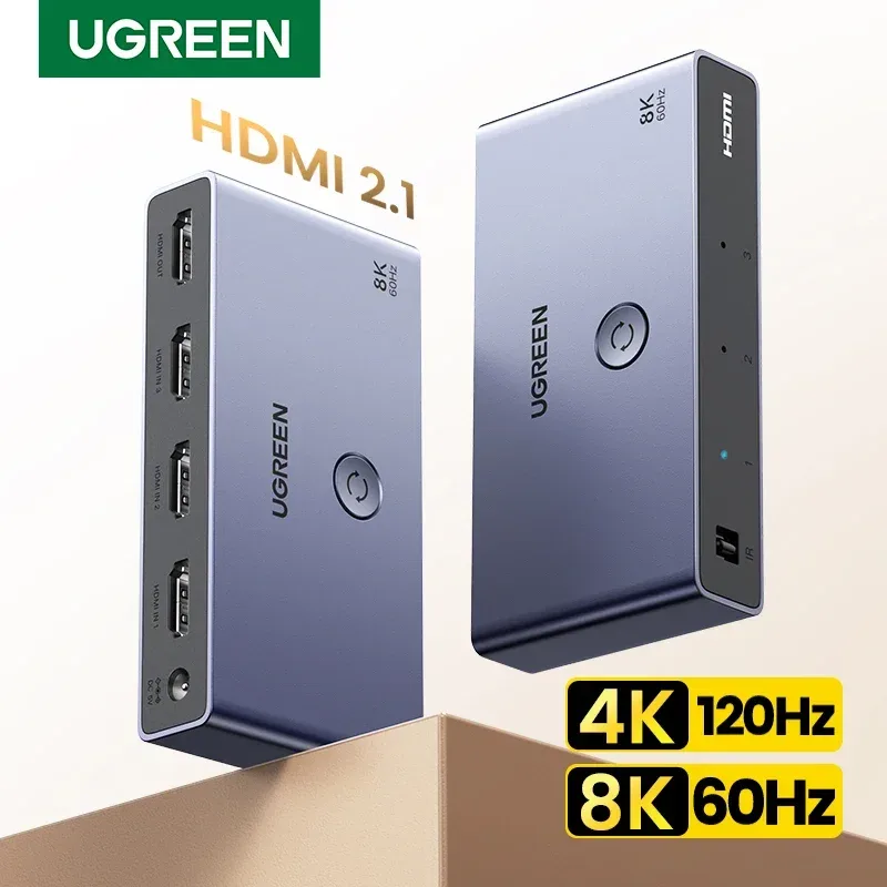 UGREEN HDMI 2.1 Switcher 8K 60Hz 4K120Hz HDMI-compatível Switch 3 em 1 Out com conversor de controle remoto para monitores Xbox PS5