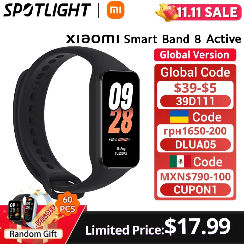Xiaomi-Smart Band 8 active, Smartband Ativo, Monitor de Oxigênio no Sangue, Tela 1,47 ", Bateria de 14 Dias, Versão Global, Estreia Mundial
