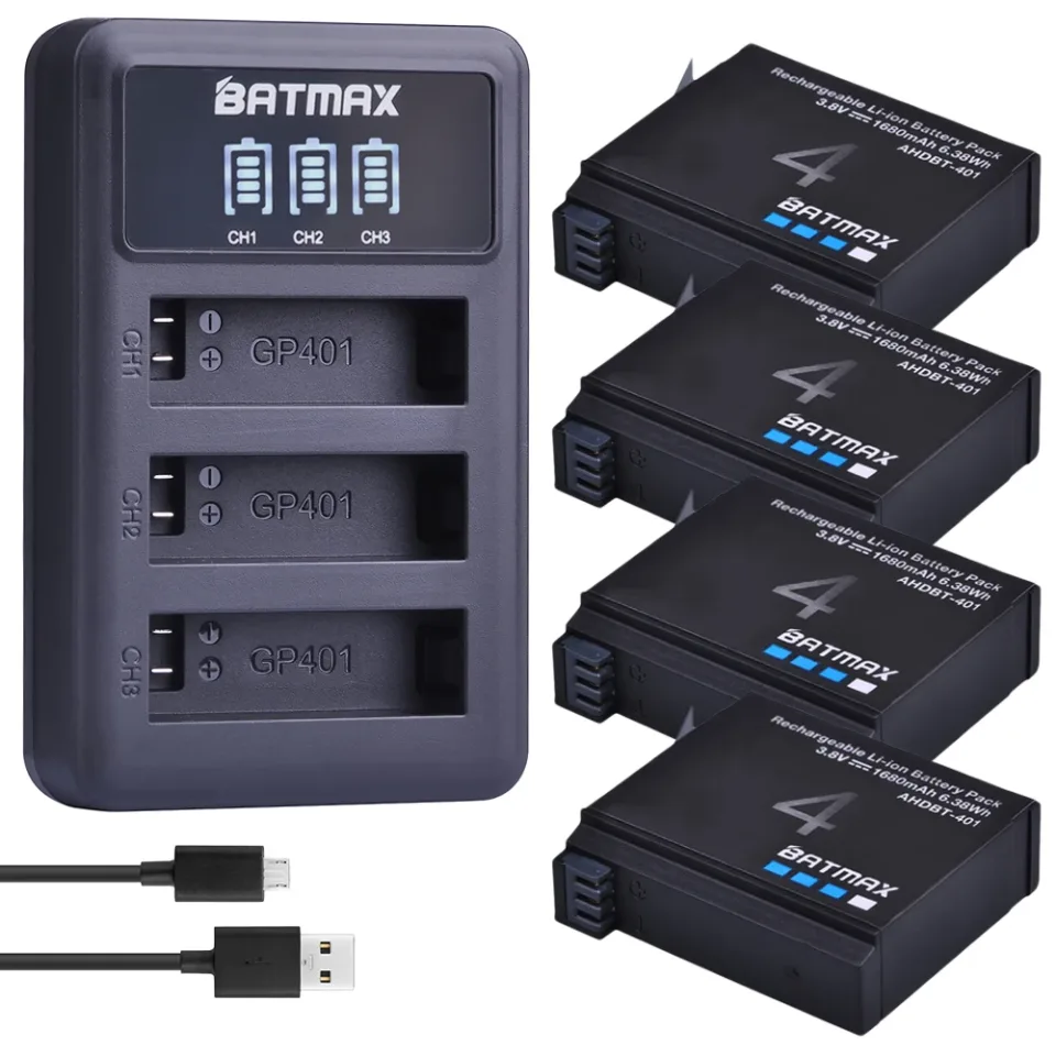 4 unidades 1680mAh Gopro Hero 4 Bateria de substituição + LED Carregador USB de 3 slots para GoPro HERO4 GoPro AHDBT-401 Bateria de câmera de ação