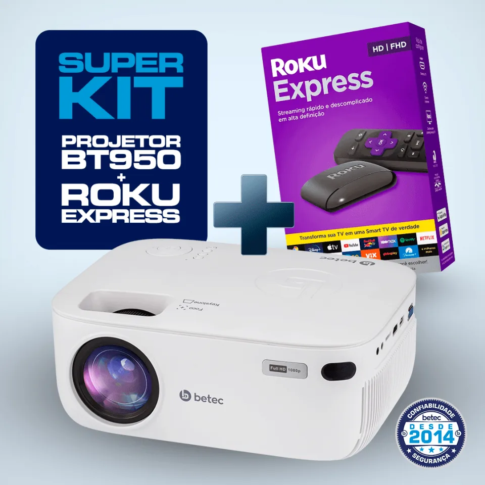 KIT PROJETOR BETEC BT950 3200 LUMENS + ROKU EXPRESS SMART