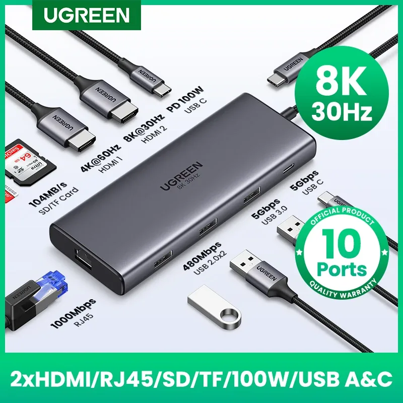 UGREENDual HDMI USB Hub 8K Adaptador HDMI 10 em 1 divisor com RJ45 USB 3.0 PD 100W Dock para MacBook Pro Air M2 M1 USB C Hub C Hub C Hub