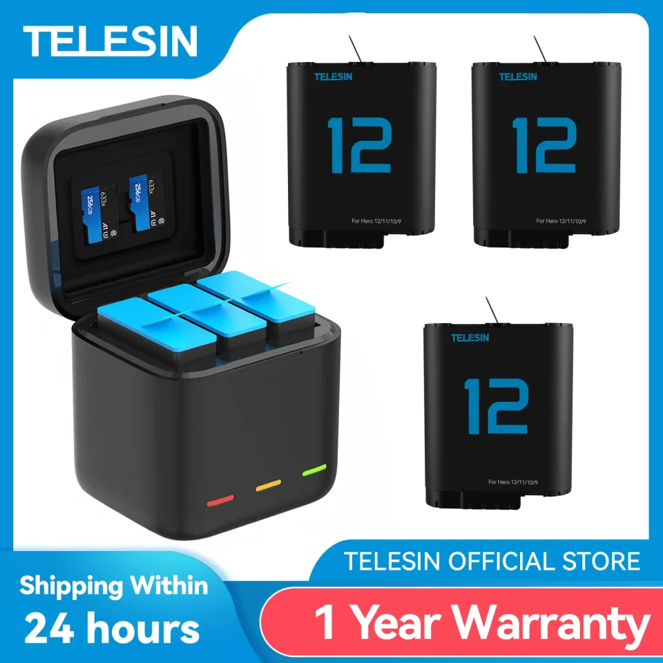 Telesin bateria para gopro hero 12 11 10 9 1750 mah bateria 3 maneiras caixa de carregador rápido armazenamento cartão tf para gopro hero acessórios