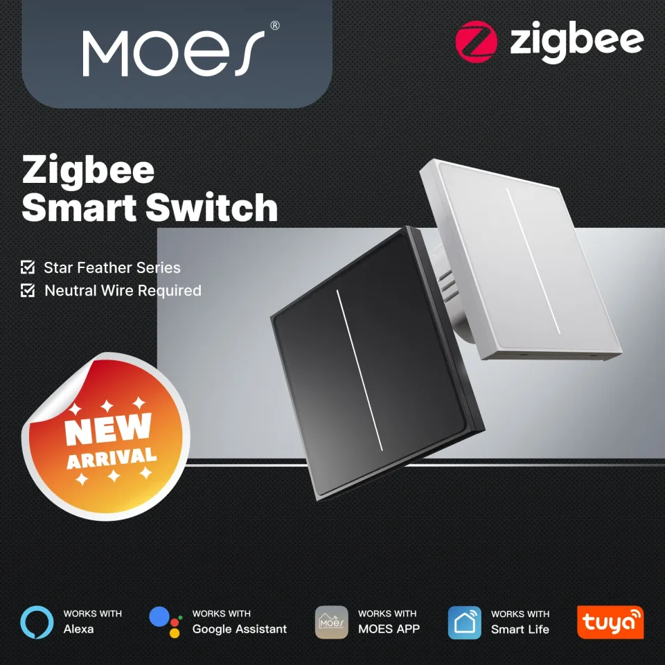 Moes zigbee interruptor de luz inteligente 2 em 1, fio neutro necessário, controle por aplicativo tuya, compatível com alexa google home, design de pena de estrela
