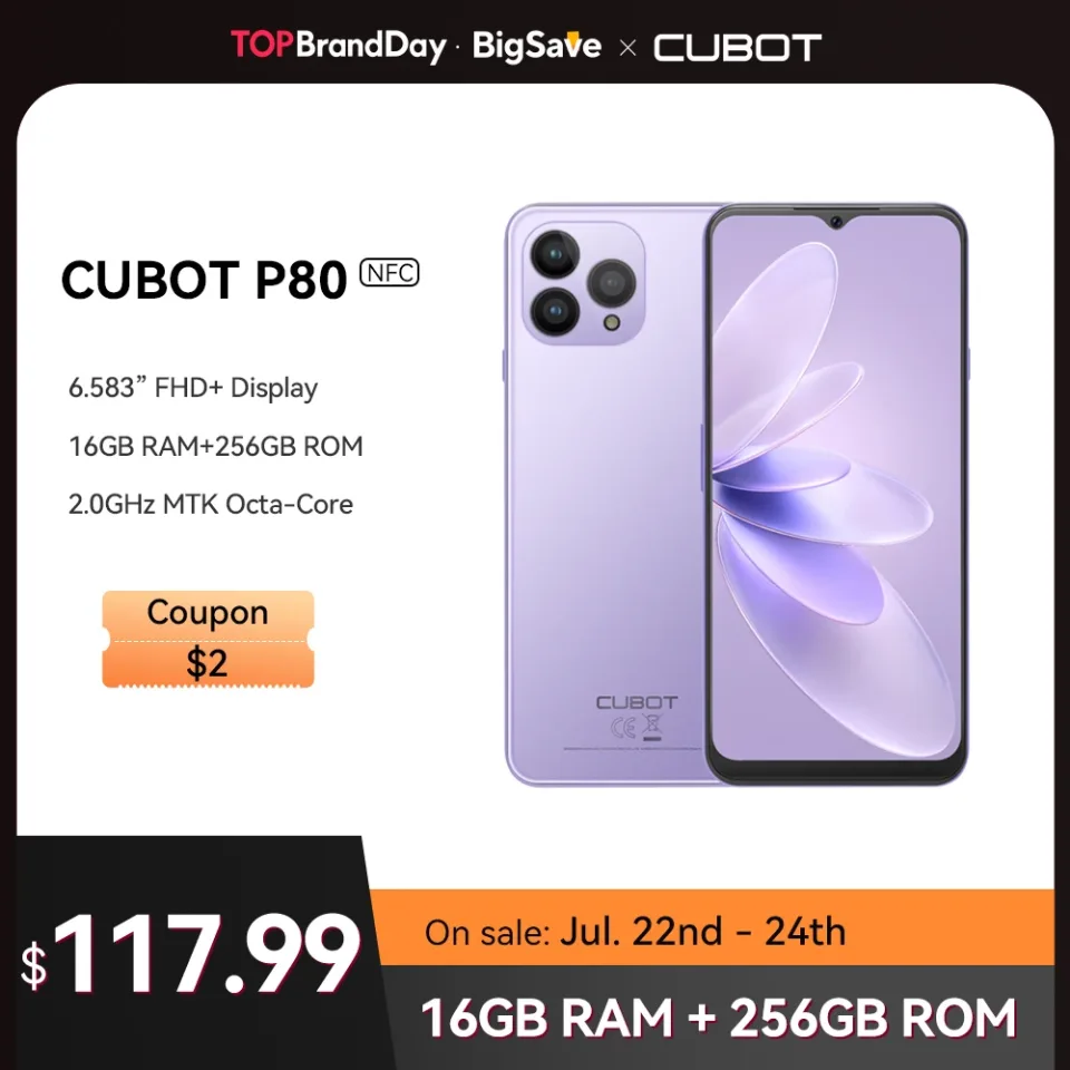 Cubot-P80 Smartphone Android 13, Telefone Versão Global, 8GB RAM, 256GB, 512GB ROM, NFC, Tela Grande 6.583 ", Câmera de 48MP, Novo, 2021