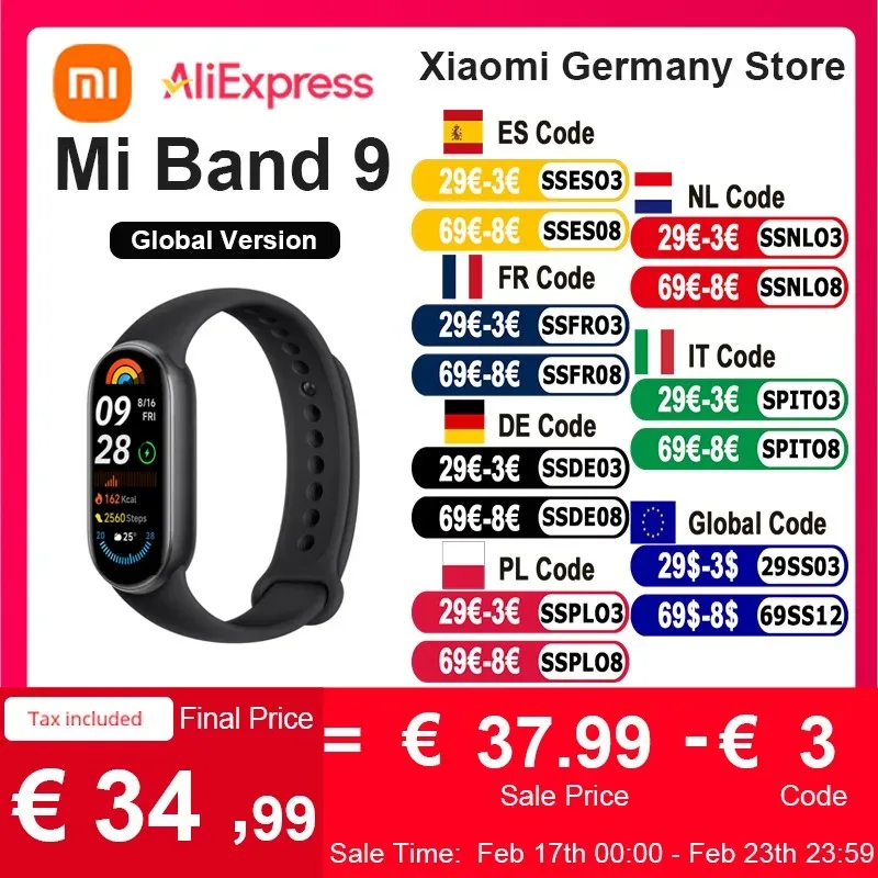 Xiaomi-Mi Band 9 Versão Global, Display AMOLED, autonomia da bateria de 21 dias, monitoramento do sono, mais de 150 modos esportivos, 1.62"