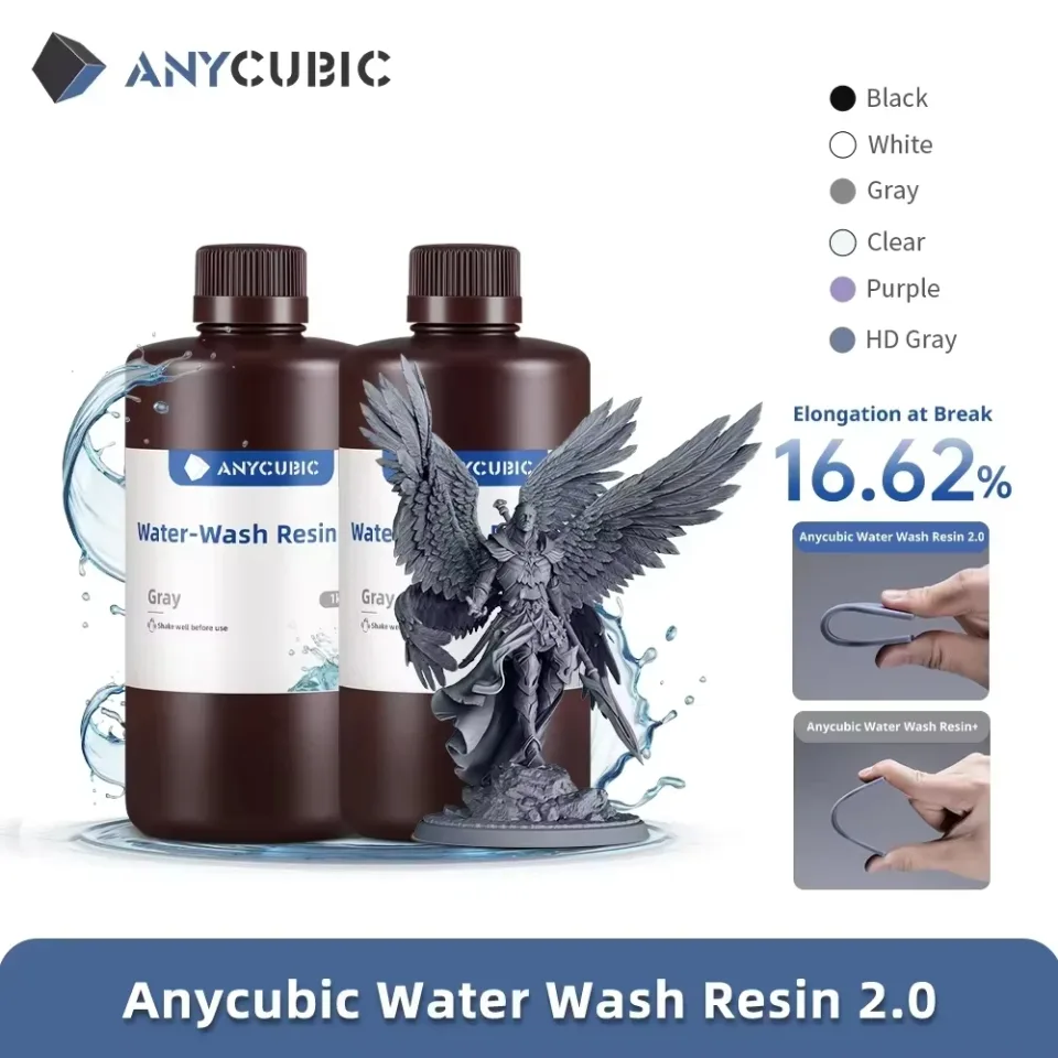 Resina de lavagem de água ANYCUBIC para impressora 3D LCD de alta precisão, baixo odor, baixa viscosidade, impressão 3D, fotopolímero padrão
