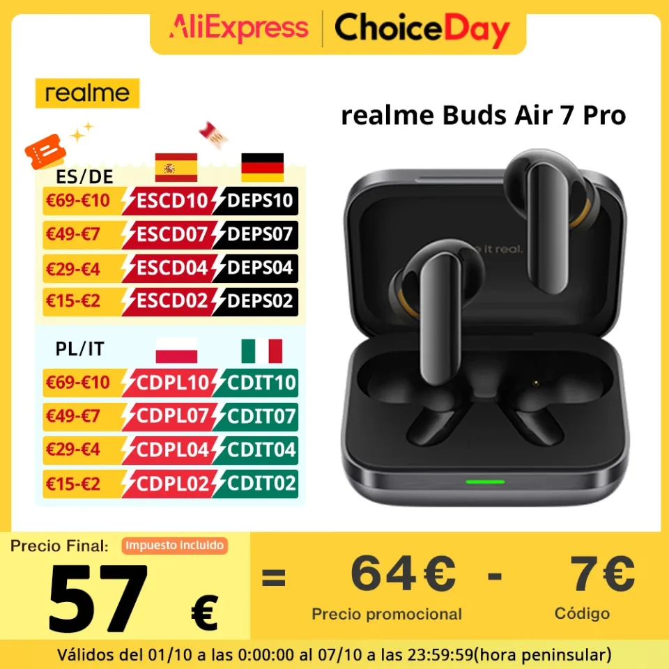 Versão global realme Buds Air 7 Pro Auscultadores sem fios 53dB com cancelamento de ruído em tempo real 11+6mm Dual-DAC Driver Al Live Translator