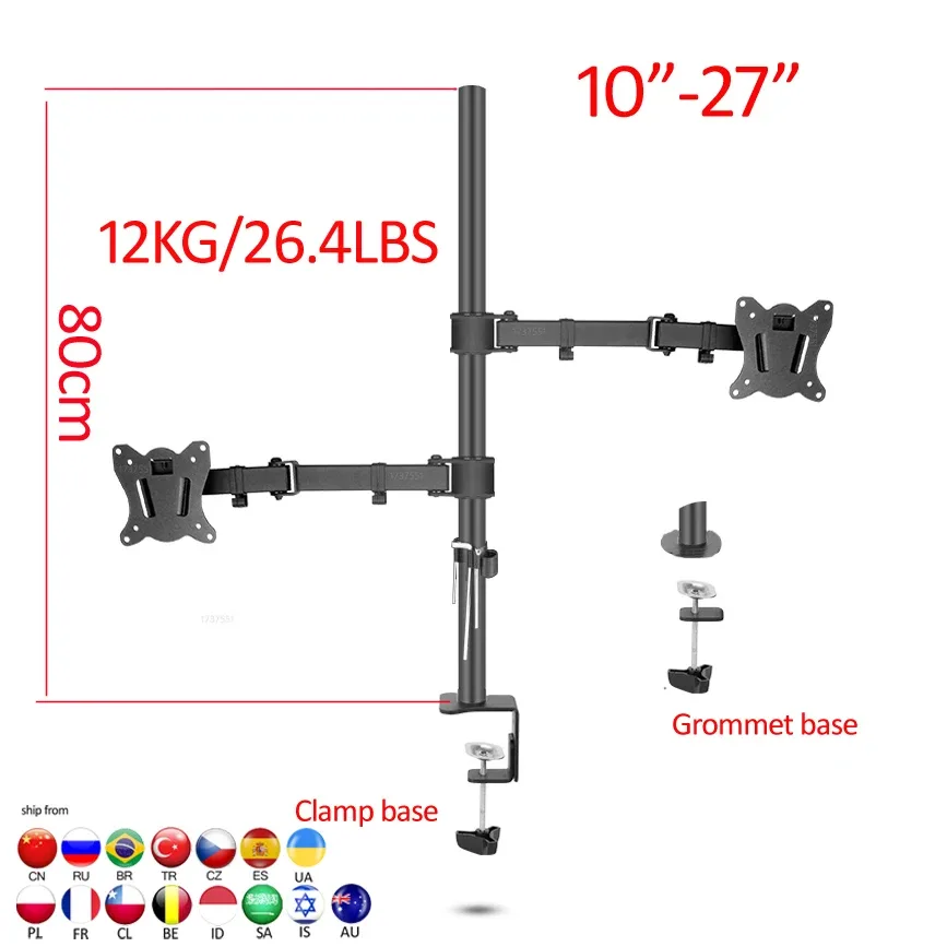 (80cm)-suporte de mesa para monitor duplo full motion, com braçadeira de 10-27 polegadas, base para furo de met, braço dobrável, 12kg