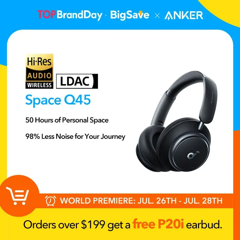 Anker-Space Q45 Adaptive Noise Cancelling Headphones, Ultra Long, 50H Playtime, Controle de App, Hi-Res Sound, Bluetooth 5.3
