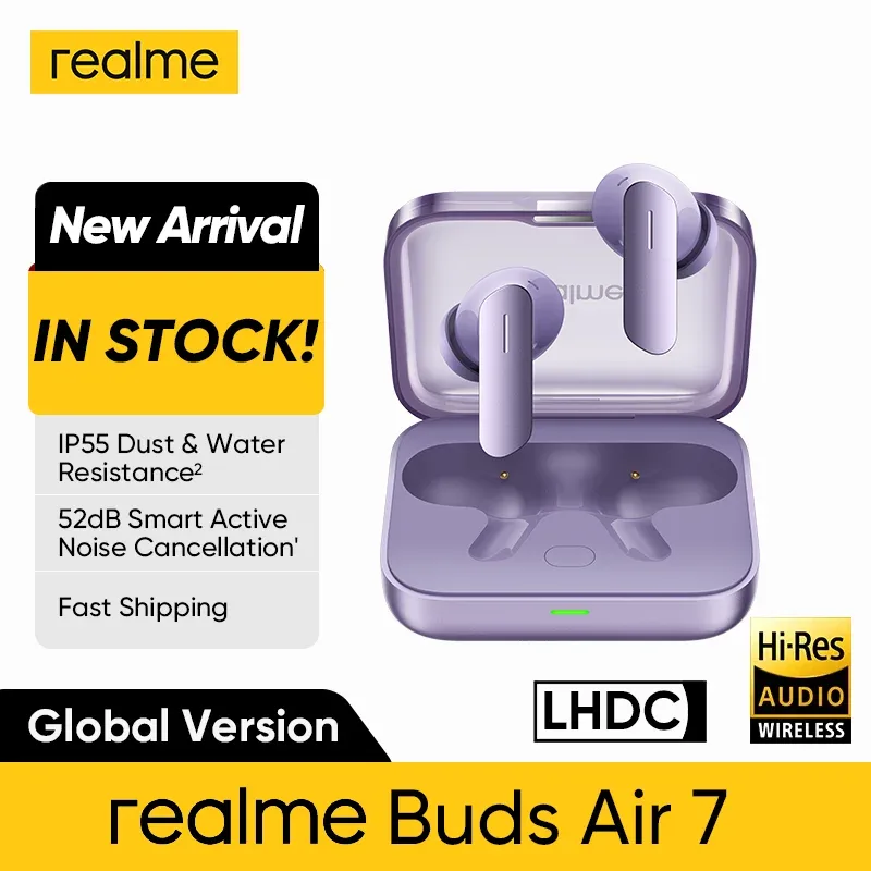 Versão global realme buds air 7 tws fone de ouvido 52db cancelamento de ruído 52 horas de vida útil da bateria 12.4mm driver baixo lhdc 5.0 ip55
