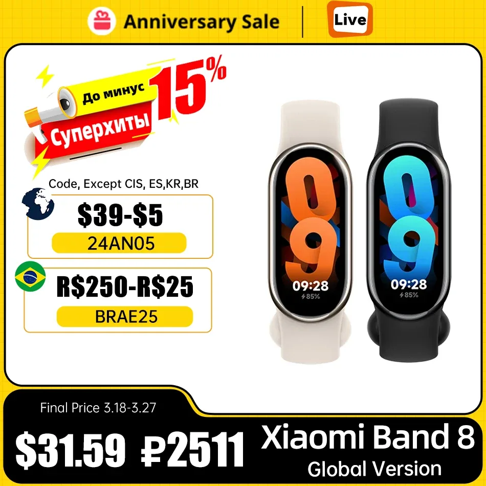 Xiaomi-Mi Band 8 Versão Global Monitoramento de Freqüência Cardíaca e Oxigênio no Sangue, Display Touch AMOLED 1.62 ", 150 + Modos Fitness, Bateria 190mAh
