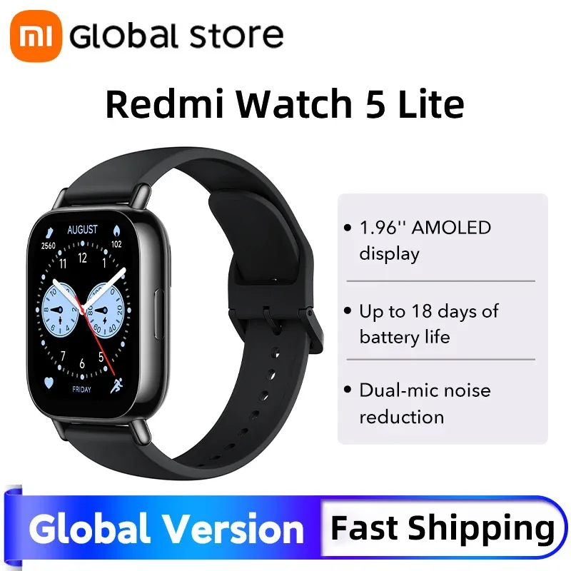Versão global xiaomi redmi watch 5 lite 1.96 ''tela amoled relógio inteligente mais de 150 modos esportivos 18 dias de vida útil da bateria 5atm à prova d'água