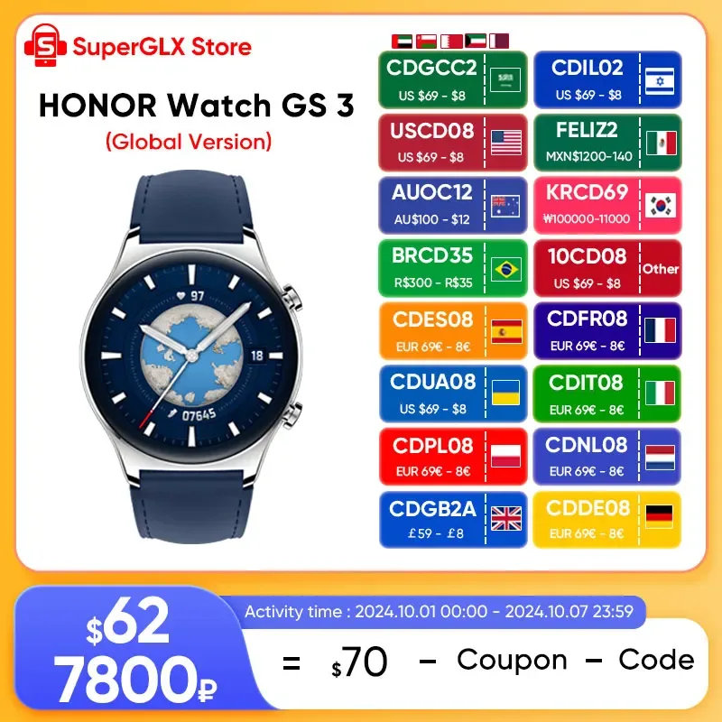 HONOR-GS3 Versão Global Smartwatch, Relógio de Monitoramento de Saúde Preciso, Vidro Curvo 3D, 1,43 "Tela AMOLED, 8 Canais, GS 3
