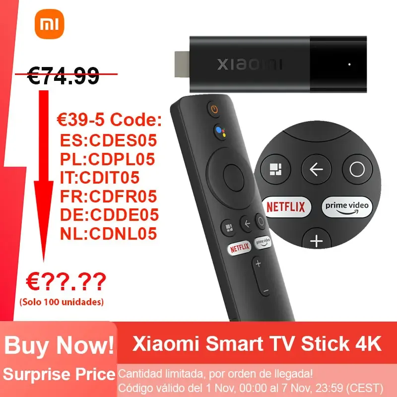 Xiaomi-Smart TV Stick, 4K, Android TV Dongle, Bluetooth 5.2, 2GB RAM, 8GB ROM, Netflix, WiFi, Google Assistente, TV Stick
