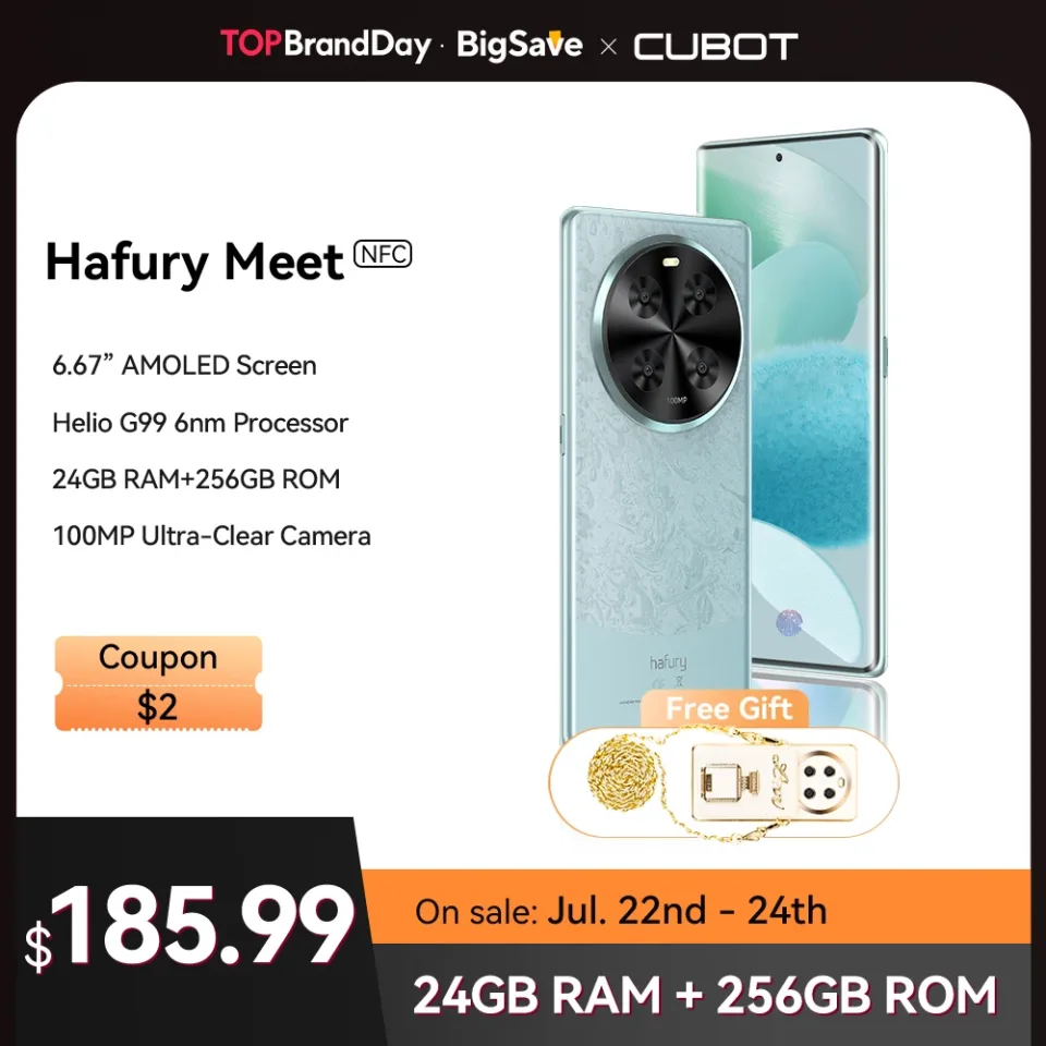 Cubot Hafury Meet, smartphone Android, tela curva AMOLED de 6,67 "120 Hz, 24GB de RAM (12GB + 12GB estendidos), 256GB de ROM, Helio G99, câmera de 100 MP, NFC,Duplo SIM Duplo 4G celular, versão global telefones