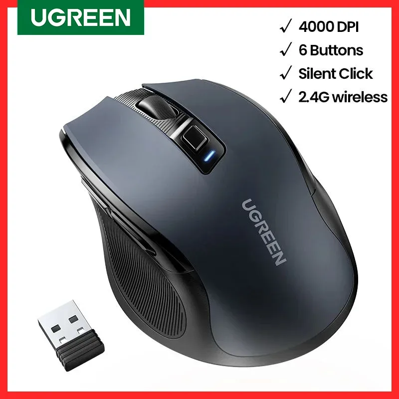 UGREEN-Mouse ergonômico sem fio, mouse silencioso para MacBook, Tablet, Laptop, Mouse mudo, silencioso, 4000 DPI, 6 botões, 2.4G