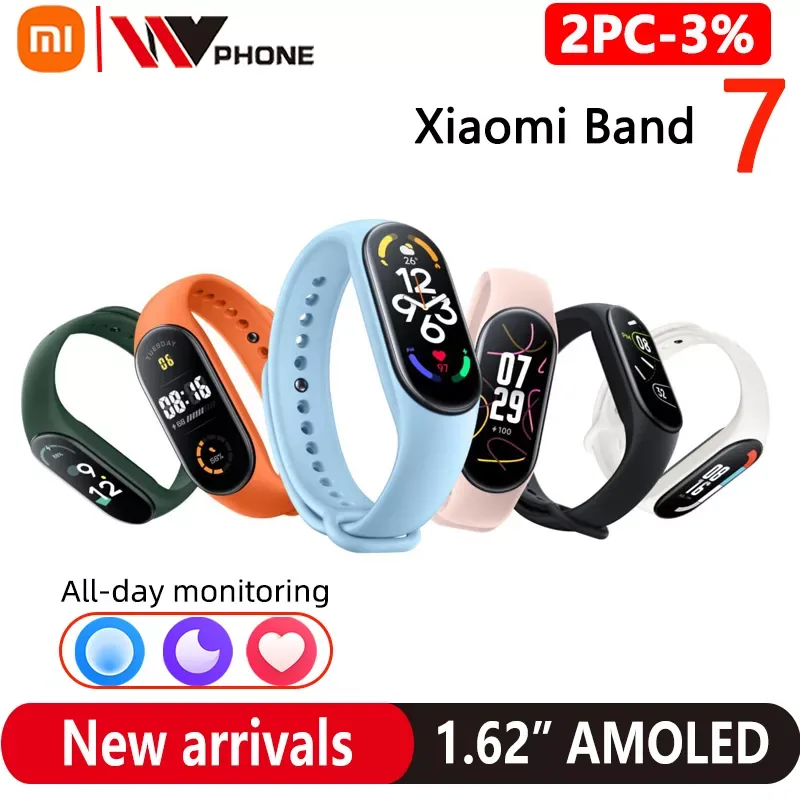 Xiaomi-Mi Band 7 Pulseira Inteligente, 6 Cores, AMOLED, 1,62 "Tela, Oxigênio no Sangue 24h, Rastreador de Fitness, 5 ATM Impermeável, Original
