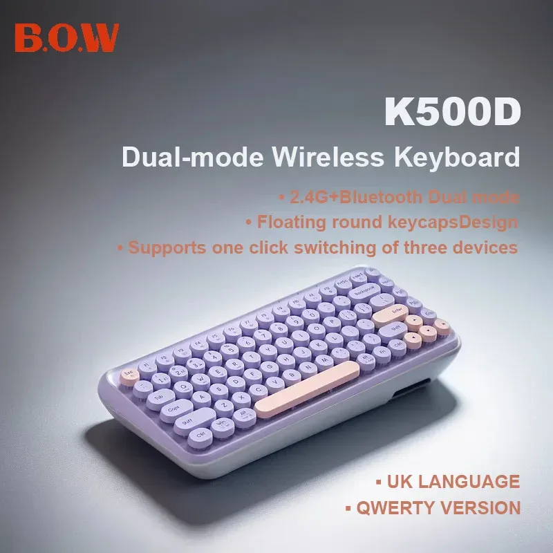 Teclado sem fio Bluetooth de modo duplo, Keycap colorido flutuante, tom de luz, teclado portátil ultra fino do escritório, K500D
