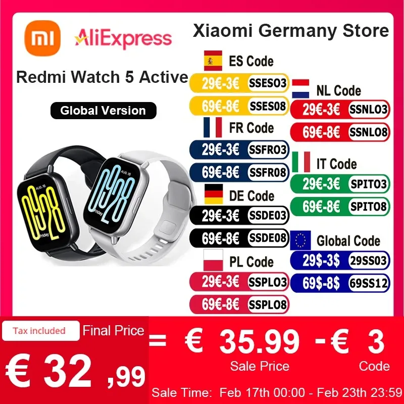 Xiaomi-Redmi Watch 5 Active Smartwatch, Versão Global, Display LCD de 2 ", Chamada Bluetooth, Mais de 140 Modos Esportivos, Bateria 470mAh